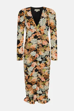Outlet Oasis Petite Bold Floral All Over Ruched Midi Dress Black