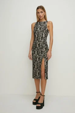 Online Oasis Petite Bonded Lace Split Detail Midi Dress Black