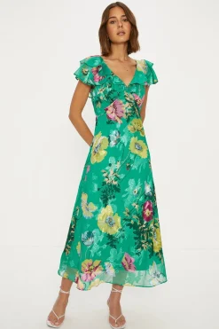 Online Oasis Petite Bright Floral Satin Burnout Ruffle Midi Dress Bright Green