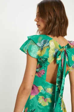 Online Oasis Petite Bright Floral Satin Burnout Ruffle Midi Dress Bright Green
