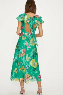 Online Oasis Petite Bright Floral Satin Burnout Ruffle Midi Dress Bright Green