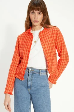 Hot Oasis Petite Check Tweed Fringed Blazer Orange