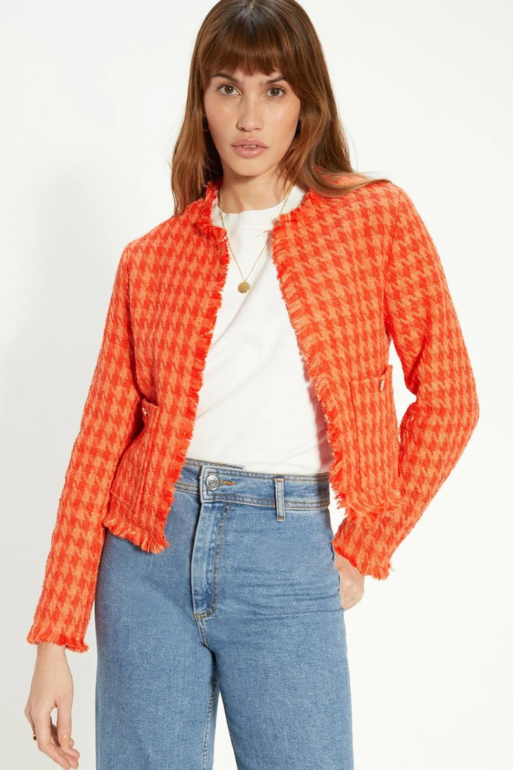 Hot Oasis Petite Check Tweed Fringed Blazer Orange