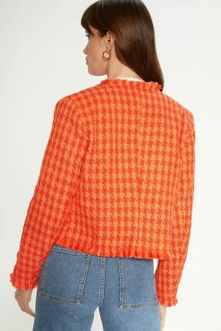 Hot Oasis Petite Check Tweed Fringed Blazer Orange