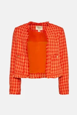 Hot Oasis Petite Check Tweed Fringed Blazer Orange