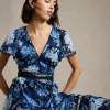 Online Oasis Petite Cluster Floral Lace Tiered Dobby Midi Dress Navy