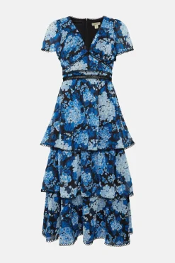 Online Oasis Petite Cluster Floral Lace Tiered Dobby Midi Dress Navy