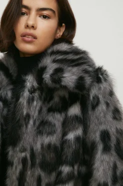 Online Oasis Petite Collared Animal Faux Fur Coat Grey