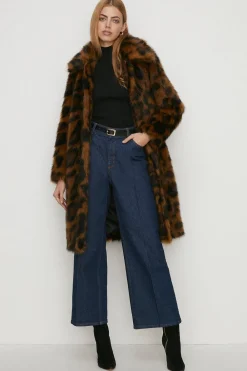 Online Oasis Petite Collared Animal Faux Fur Coat Brown