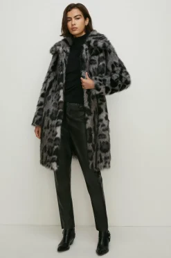 Online Oasis Petite Collared Animal Faux Fur Coat Grey