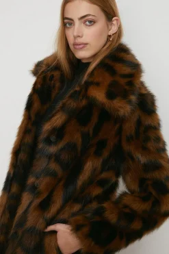 Online Oasis Petite Collared Animal Faux Fur Coat Brown