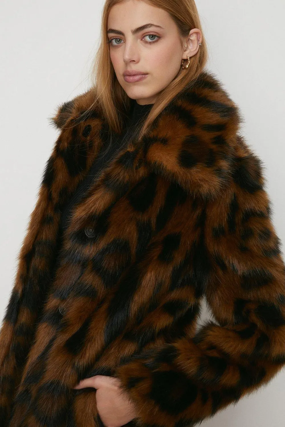 Online Oasis Petite Collared Animal Faux Fur Coat Brown