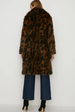 Online Oasis Petite Collared Animal Faux Fur Coat Brown