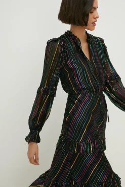 Fashion Oasis Petite Colourful Metallic Stripe Midi Dress Black