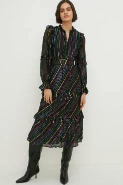 Fashion Oasis Petite Colourful Metallic Stripe Midi Dress Black