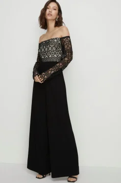 New Oasis Petite Contrast Lace Bardot Wide Leg Jumpsuit Black