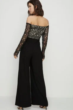 New Oasis Petite Contrast Lace Bardot Wide Leg Jumpsuit Black