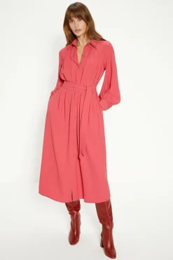 Hot Oasis Petite Crepe Pin-Tuck Belted Shirt Dress Pink