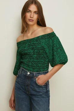 Best Oasis Petite Crinkle Printed Shirred Bardot Top Green