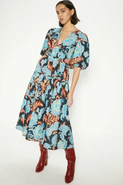 Hot Oasis Petite Detailed Pintuck Puff Sleeve Cotton Poplin Midi Dress Black