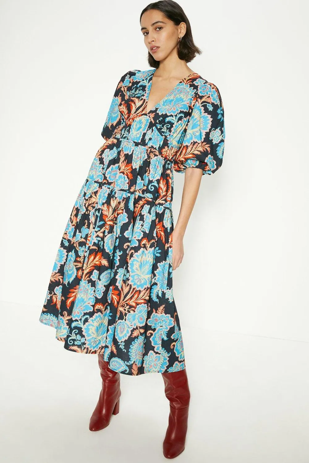 Hot Oasis Petite Detailed Pintuck Puff Sleeve Cotton Poplin Midi Dress Black
