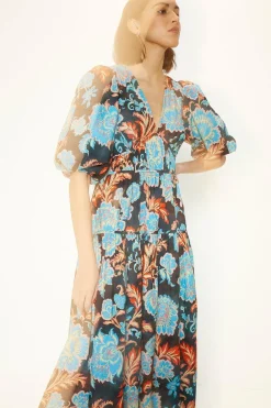 Hot Oasis Petite Detailed Pintuck Puff Sleeve Cotton Poplin Midi Dress Black
