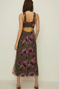 Outlet Oasis Petite Dobby Mesh Floral Knot Midi Dress Green