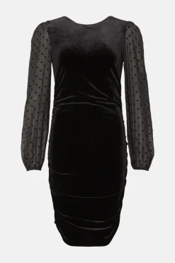 Outlet Oasis Petite Dobby Mesh Sleeve Velvet Ruched Dress Black