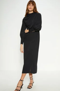 Sale Oasis Petite Draped Crepe Button Detail Midi Dress Black
