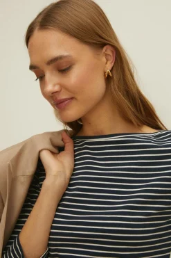 Sale Oasis Petite Essential Stripe Cotton Slash Neck Top Navy