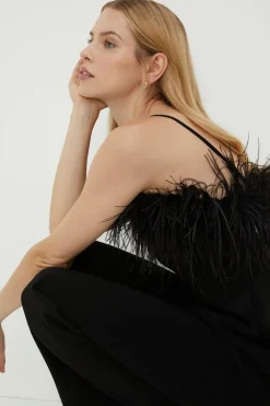 Fashion Oasis Petite Faux Feather Detail Bardot Jumpsuit Black