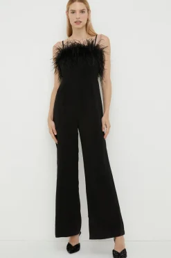 Fashion Oasis Petite Faux Feather Detail Bardot Jumpsuit Black