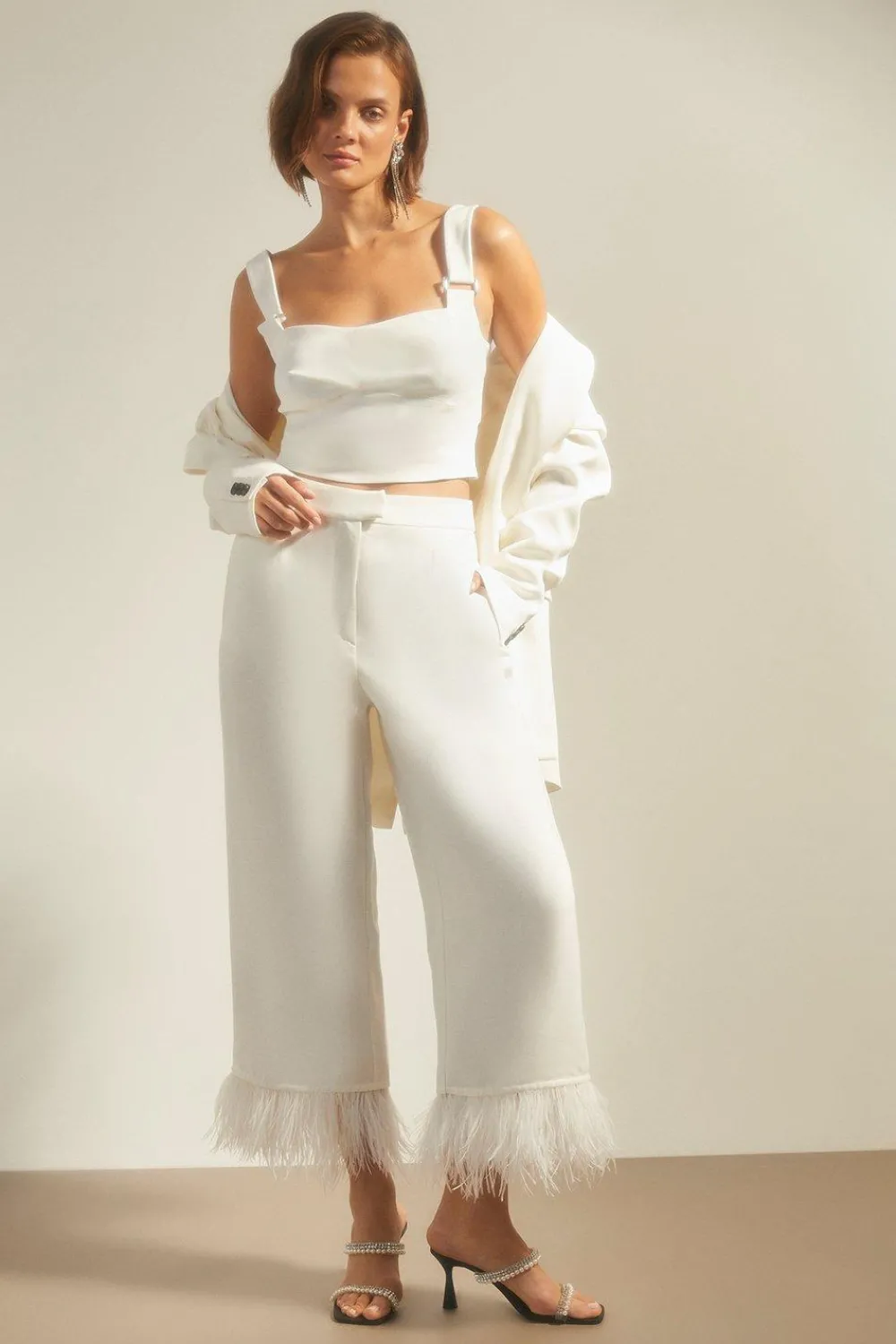 New Oasis Petite Faux Feather Hem Tailored Trouser White