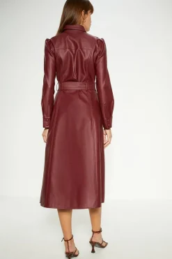 Sale Oasis Petite Faux Leather Pleat Detail Belted Midi Dress Burgundy