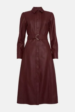 Sale Oasis Petite Faux Leather Pleat Detail Belted Midi Dress Burgundy
