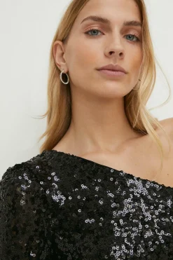 Best Oasis Petite Feather One Shoulder Sequin Dress Black