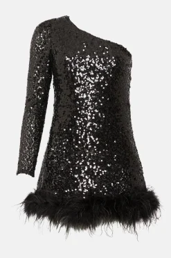 Best Oasis Petite Feather One Shoulder Sequin Dress Black