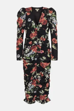 Hot Oasis Petite Floral All Over Ruched Midi Dress Black