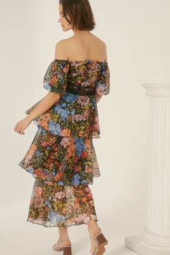 New Oasis Petite Floral Bardot Organza Midi Dress Black
