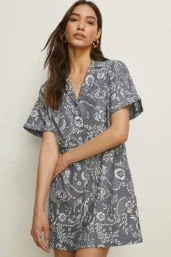 Fashion Oasis Petite Floral Chambray Mini Shirt Dress Mid Wash