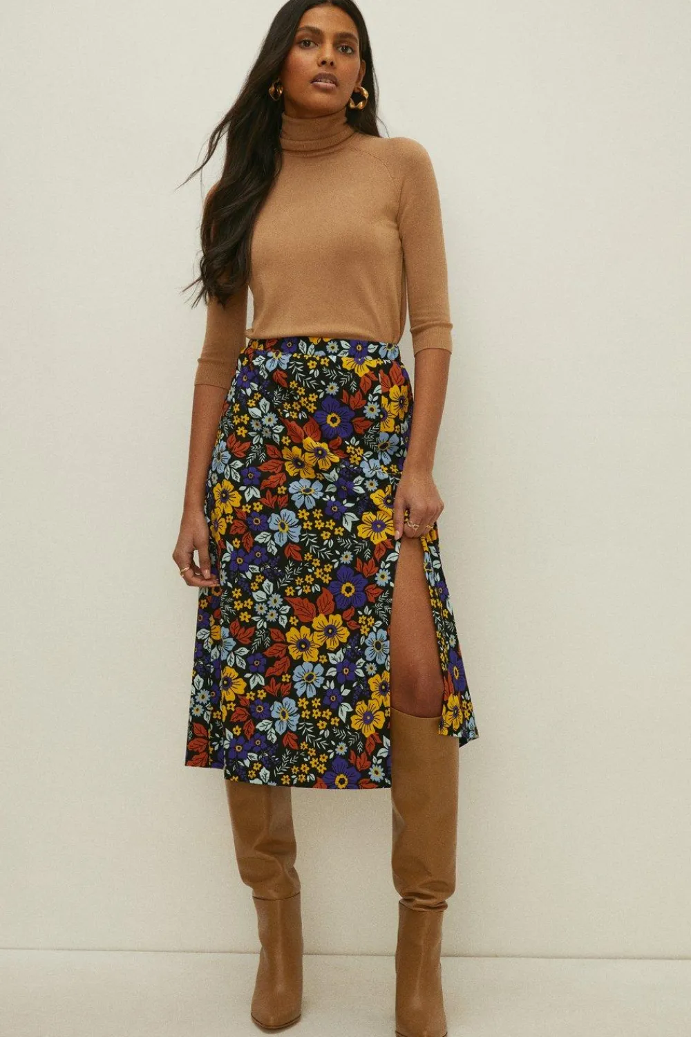New Oasis Petite Floral Crinkle Printed Midi Skirt Multi