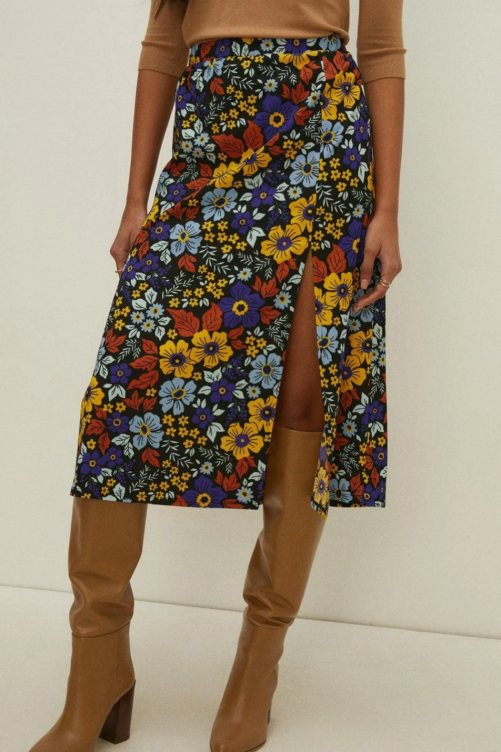 New Oasis Petite Floral Crinkle Printed Midi Skirt Multi