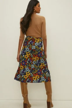 New Oasis Petite Floral Crinkle Printed Midi Skirt Multi