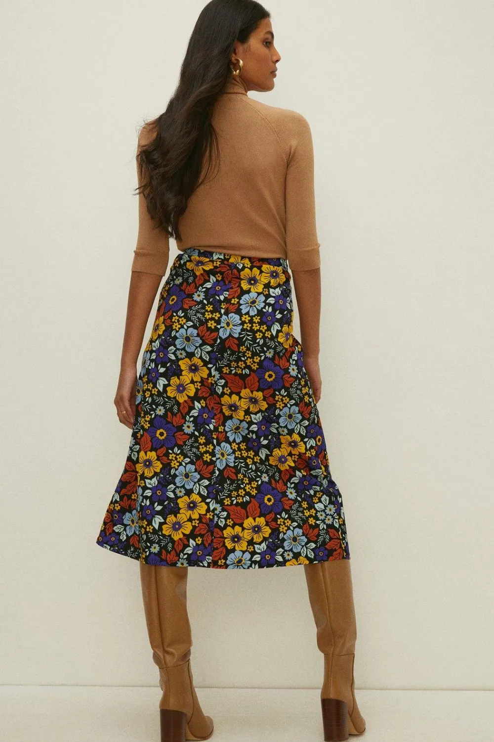 New Oasis Petite Floral Crinkle Printed Midi Skirt Multi