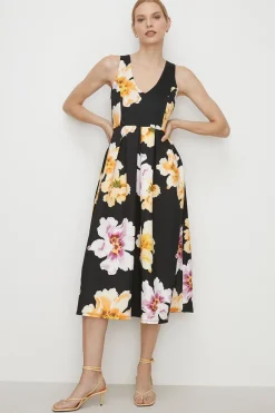 Sale Oasis Petite Floral Cross Back Scuba Midi Dress Black