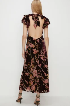 Outlet Oasis Petite Floral Devore V Neck Midaxi Dress Berry