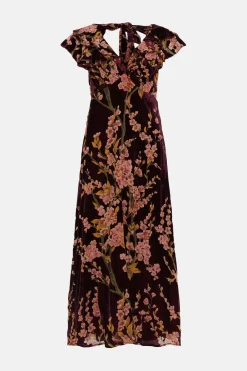 Outlet Oasis Petite Floral Devore V Neck Midaxi Dress Berry