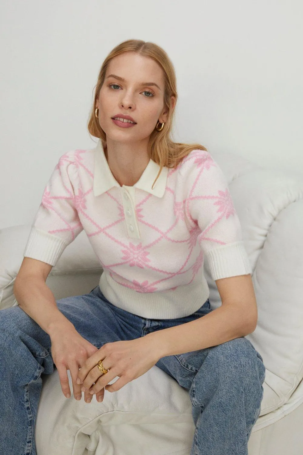 Outlet Oasis Petite Floral Jacquard Polo Knit Top Pink