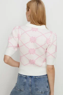 Outlet Oasis Petite Floral Jacquard Polo Knit Top Pink