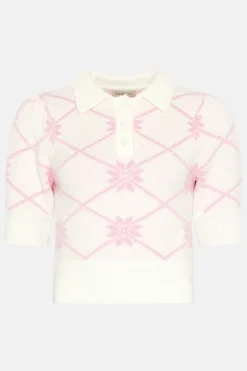 Outlet Oasis Petite Floral Jacquard Polo Knit Top Pink